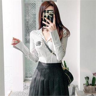 Wide-cuff Lettering-embroidered Stripe Shirt
