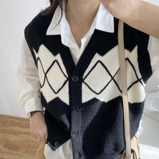 Argyle Button-up Sweater Vest Black - One Size