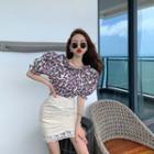 Puff-sleeve Floral Print Top / Lace Trim Mini Fitted Skirt