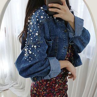 Petite Size Button-back Faux-pearl Denim Jacket Blue - One Size