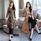 Set: Long-sleeve Floral Midi Slit A-line Dress + Wide Leg Pants