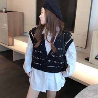 Button-up Loose Knit Vest / Plain Long Shirt