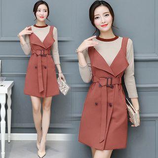 Set: Long-sleeve Top + Lapel Mini Jumper Dress