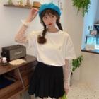 Mock Two-piece Mesh Panel Flower Embroidered Long-sleeve T-shirt