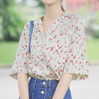 Elbow-sleeve Floral Chiffon Shirt