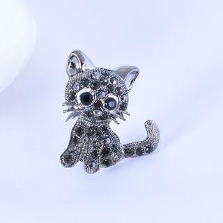 Rhinestone Cat Brooch Gunmetal Black - One Size