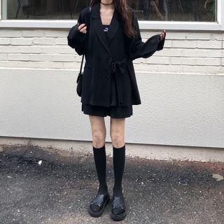 Side-tie Double-breasted Blazer / Plain Shorts