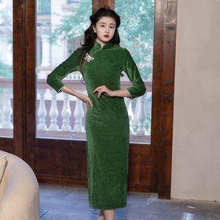 3/4-sleeve Midi Qipao / Lace Trim Shawl