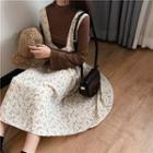 Mock Turtleneck Long-sleeve Top / Midi Pleated Floral Pinafore Dress