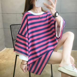 Mock Two-piece Striped Panel 3/4-sleeve T-shirt