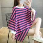 Mock Two-piece Striped Panel 3/4-sleeve T-shirt