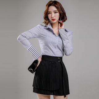 Set: Long-sleeve Striped Shirt + Mini Pleated Skirt