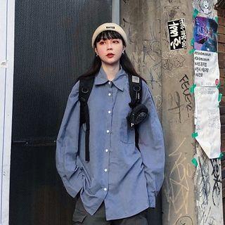 Plain V-neck Loose-fit Single-breasted Long-sleeve Blouse Airy Blue - One Size