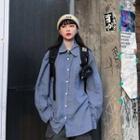 Plain V-neck Loose-fit Single-breasted Long-sleeve Blouse Airy Blue - One Size