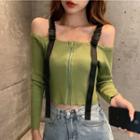Long-sleeve Off-shoulder Zipped Knit Top
