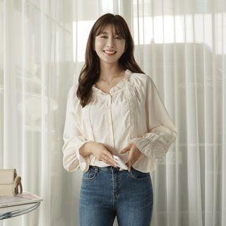 Frilled-neck Lace-trim Blouse