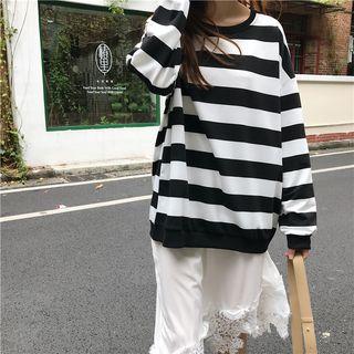 Striped Sweatshirt / Spaghetti Strap Lace Midi Dress