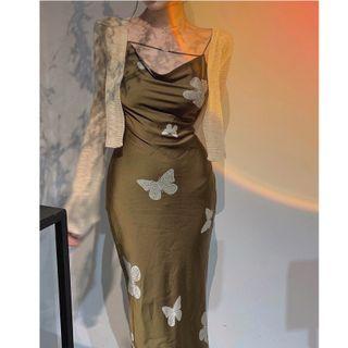 Strappy Butterfly Print Midi Sheath Dress