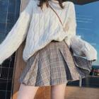 Cable-knit Oversize Sweater / Plaid Mini A-line Skirt / Set