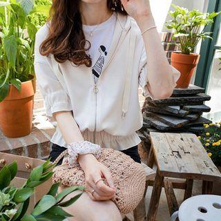 Short-sleeve Smocked-trim Hoodie