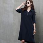 Elbow-sleeve Collared Shift Dress
