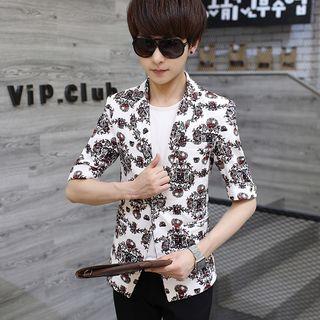 Elbow-sleeve Buttoned Printed Blazer