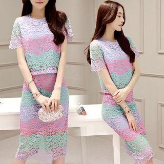 Set: Color-block Lace Top + Skirt