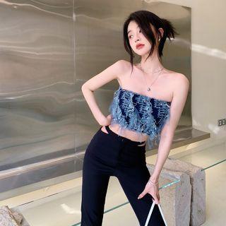 Fringed Trim Tube Top Blue - One Size