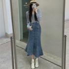 Floral Camisole Top / Jacket / Denim Midi Pencil Skirt / Set
