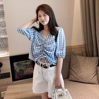 Balloon-sleeve Gingham Drawstring Blouse Blue - One Size