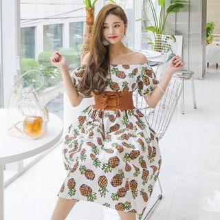 Off-shoulder Lace-up Printed Midi Dress