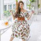 Off-shoulder Lace-up Printed Midi Dress