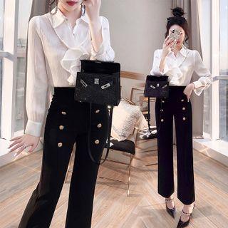 Set: Long-sleeve Ruffled Blouse + Dress Pants