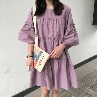 Plain Flared-sleeve Shift Dress