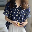 Elbow-sleeve Floral Shirt Navy Blue - One Size