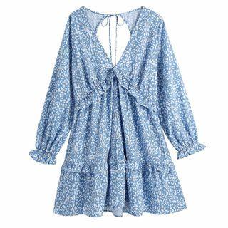 Long-sleeve V-neck Leopard Open-back Dress