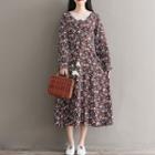 Lace Trim Floral Print Long Sleeve Midi Dress