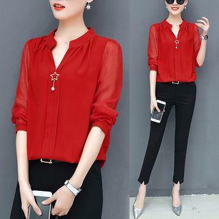 Mesh Panel Band Collar Blouse