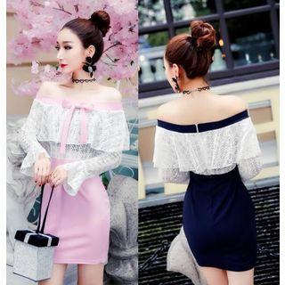 Bow Accent Lace Panel Off Shoulder Long Sleeve Dress