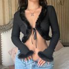 Fluffy Trim Tie-strap Cropped Cardigan