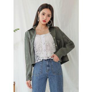 Dual-pocket Faux-leather Shirt Jacket