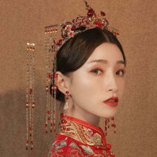 Set: Wedding Embellished Branches Tiara + Earring 1 Piece - Tiara & 1 Pair - Earrings - Red & Gold - One Size