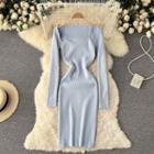Plain Square-neck Chain Shoulder Strap Long-sleeve Dress