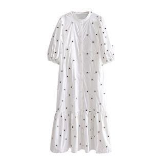 Elbow-sleeve Floral Print Midi A-line Shirt Dress