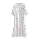 Elbow-sleeve Floral Print Midi A-line Shirt Dress