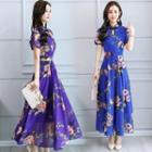 Traditional Chinese Short-sleeve Floral Print A-line Midi Dress