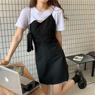 Short-sleeve Color Block Mock Two-piece Dress