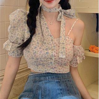Short-sleeve Cold Shoulder Floral Print Crop Top