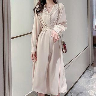 Long-sleeve V-neck Plain Dress With Sash