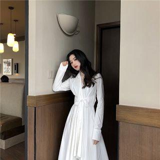 Long-sleeve Asymmetric Midi A-line Shirt Dress White - One Size